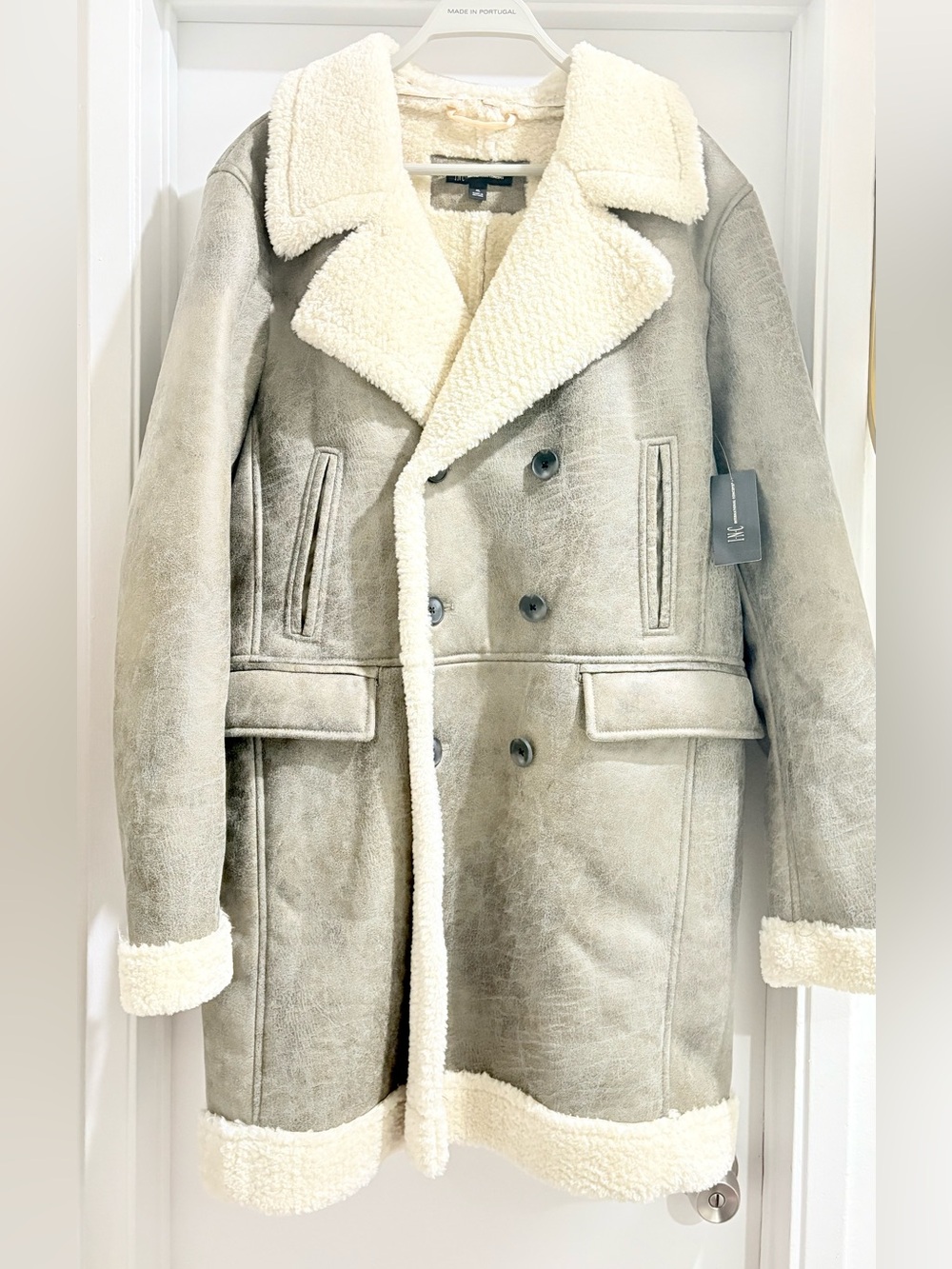 INC International Concepts Ivory Faux Suede Sherpa-Trim Double-Breasted Pea Coat